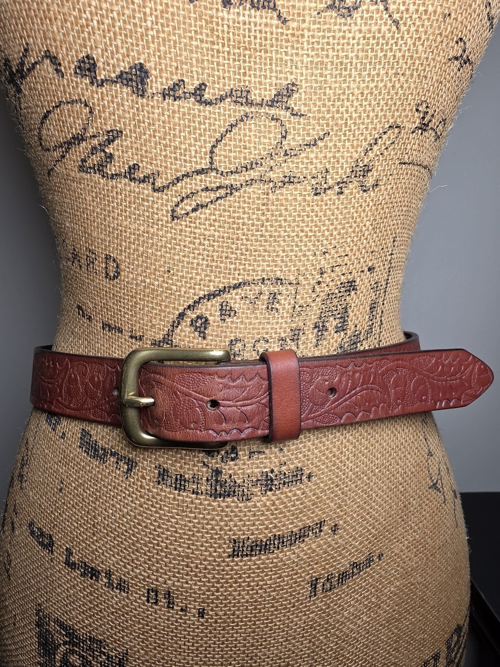Lauren Ralph Lauren Red Brown Embossed Leather Belt with Brass Buckle